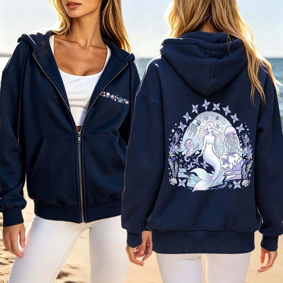 Womens Oversized Zip Up Hoodies Mermaid Graphic Long Sleeve Hooded Sweatshirt Coquette Streetwear Y2K Loose Pullover Tops Navy M