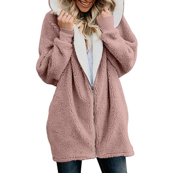 Womens Oversized Zip Up Sherpa Fleece Jacket with Pockets Hoodie Winter Coat Outerwear Pink 3XL