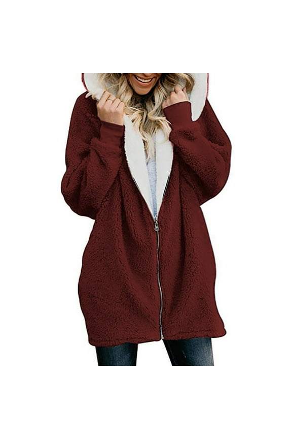 Womens Oversized Zip Up Sherpa Fleece Jacket with Pockets Hoodie Winter Coat Outerwear Wine Red 3XL