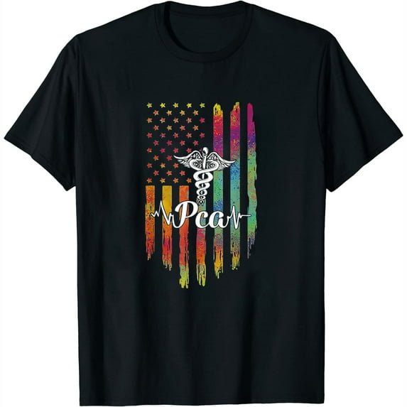 Womens PCA Caduceus American Flag USA Patient Care Assistant T-Shirt Black 4X-Large