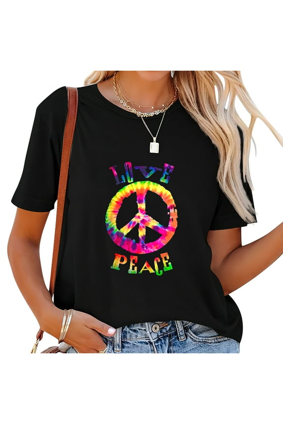 Womens PEACE SIGN tee LOVE TShirt 60s 70s Tie Die Hippie Costume T-Shirt Black