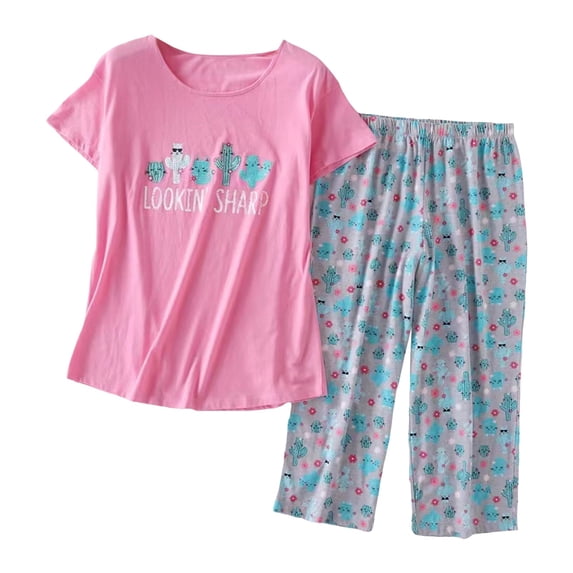 Womens PJ Pajama Sets PJ’s Pajamas Set Short Sleeve Top Capri Pants Sleepwear Plus Sleepwear 2 Piece Pants Pjs Set Pink L