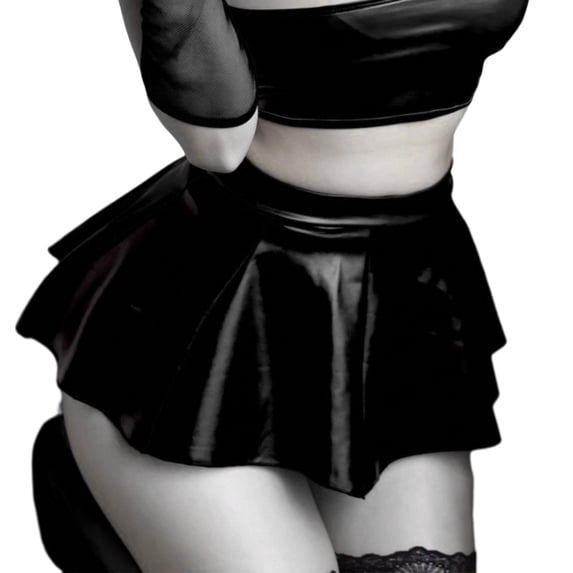Womens PU Faux Leather Skirt High Waist Stretchy Pleated Flared Ultra Short Skirt Lingerie Party Clubwear