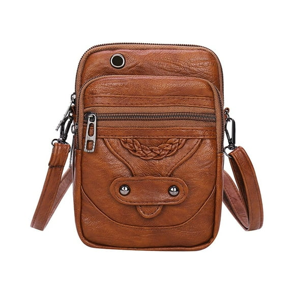 Womens PU Leather Bag Clutch, Mini Shoulder Bag, Large Capacity Purse with Zipper Closure - Brown