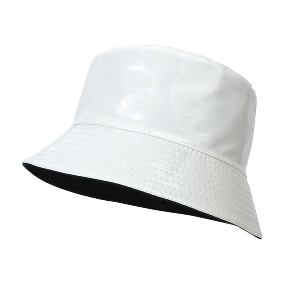 Womens PU Leather Bucket Hat Trendy Metallic Fishing Cap Lightweight Reversible Packable Sun Hats for Men Summer Boonie Cap for Beach,Golf, Fishing, Outdoor Travel, Vacation, Hiking, White