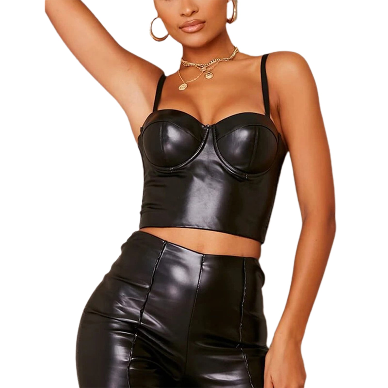 Womens PU Leather Crop Top Punk Rock Style Bustiers Sleeveless Straps Vest  Exotic Bustiers Party 