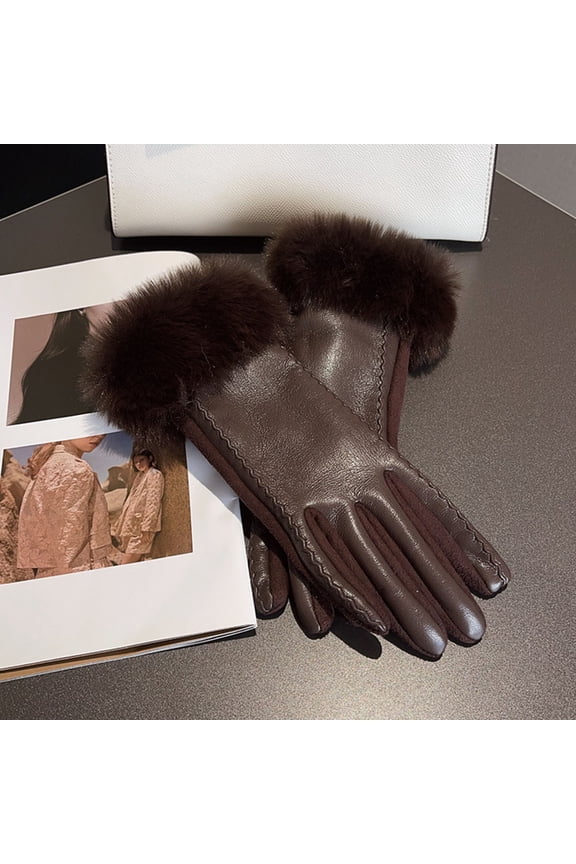 Womens PU Leather Gloves for Cold Weather Winter Warm Gloves with Faux Fur Trim Cuff Thermal Lining Party Gloves (Brown)
