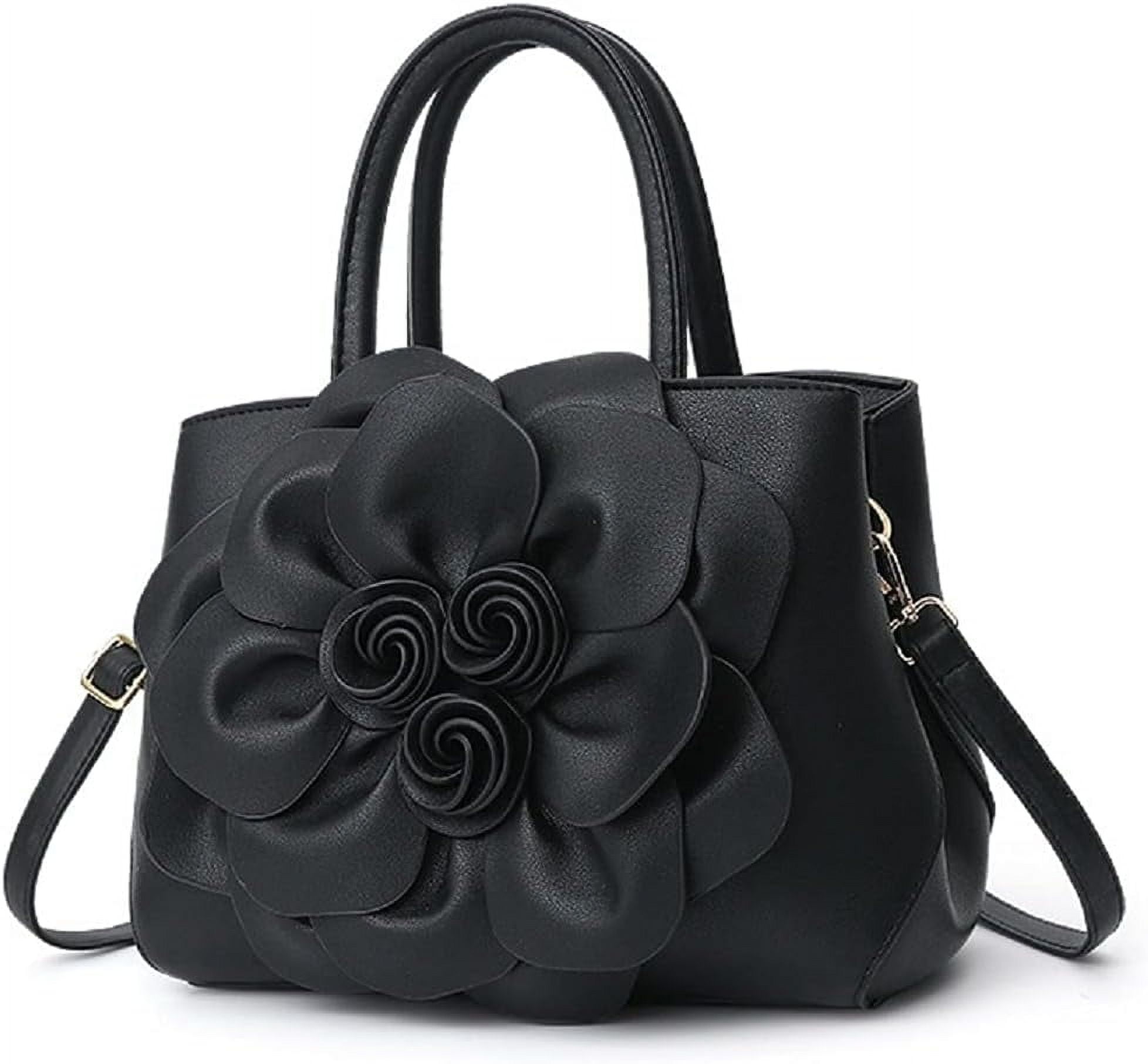 Womens PU Leather Handbags Purses Top-handle Totes Satchel Shoulder Bag for Ladies with Big flower
