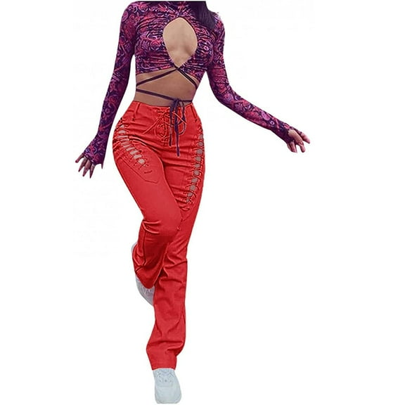 Womens PU Leather Pants High Waist Hollow Out Lace Up Drawstring Bandage Steampunk Pant Trousers Streetwear