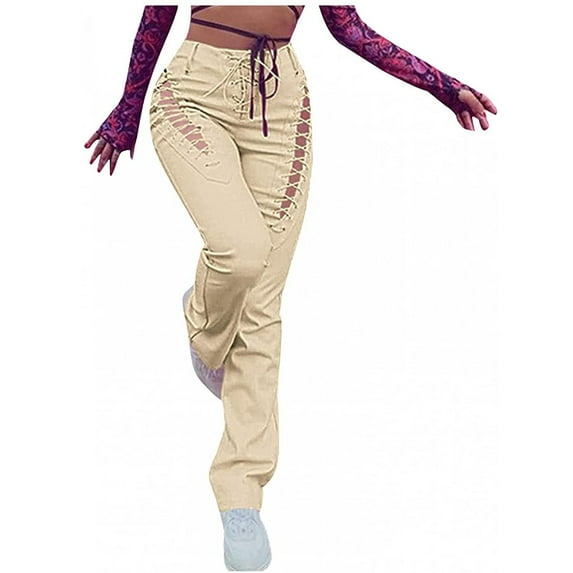 Womens PU Leather Pants Sexy High Waist Hollow Out Lace Up Drawstring Bandage Y2K Steampunk Pant Trousers Streetwear