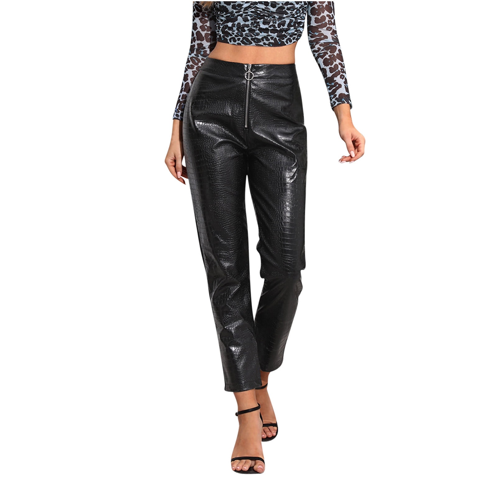 Womens PU Leather Pants Straight Leg Casual Fashion Zip Front High