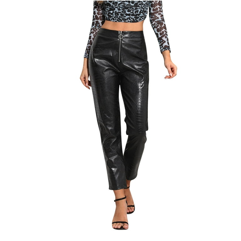 Womens PU Leather Pants Straight Leg Casual Fashion Zip Front High