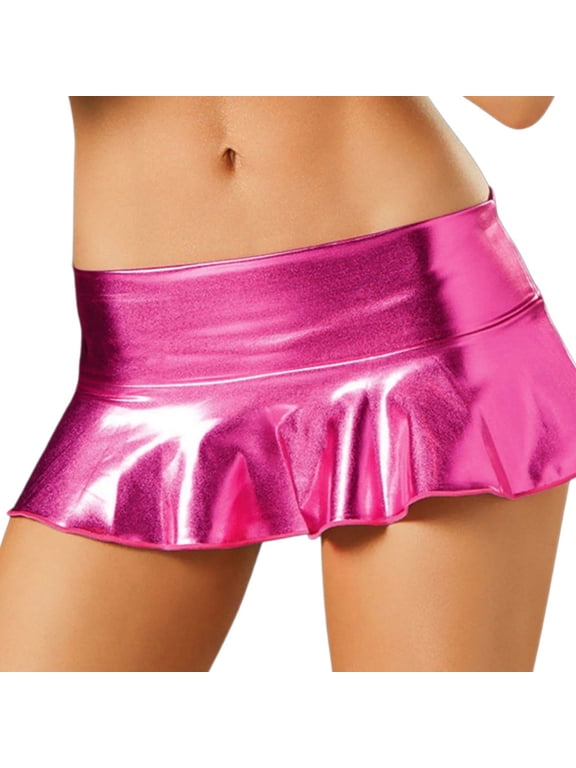 Womens PU Sparkly Wetlook Metallic Mini Skirt Elastic Low Waist Pleated Ruffle Flared Micro Skirts Lingerie