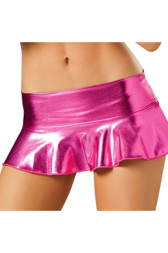 Womens PU Sparkly Wetlook Metallic Mini Skirt Elastic Low Waist Pleated Ruffle Flared Micro Skirts Lingerie
