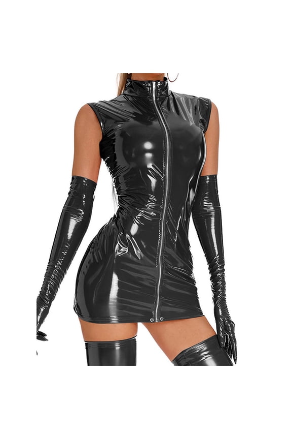 Womens PVC Wet Look Shiny Leather Sleeveless Zip Bodycon Party Dress Clubwear