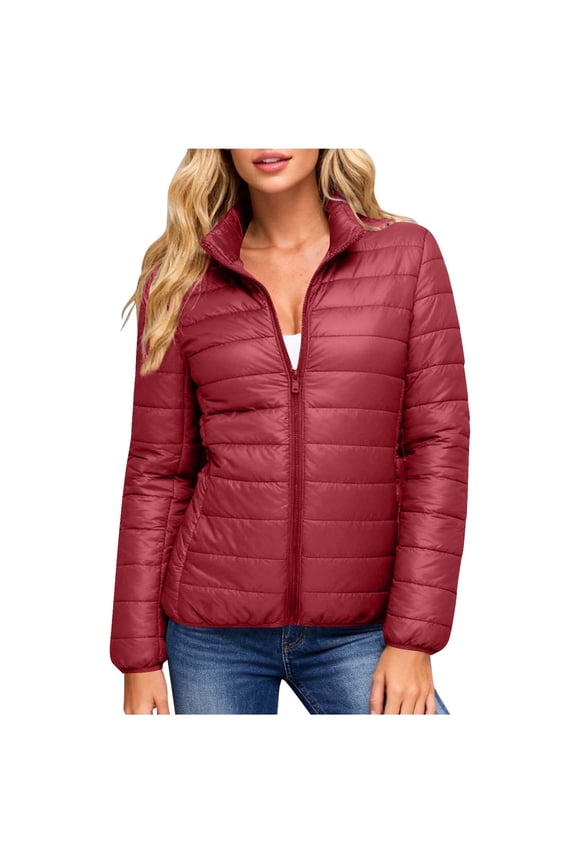 Womens Packable Down Jacket Lightweight Puffer Zipper Winter Coat Slim Fit Stand Collar Quilted Fleece
