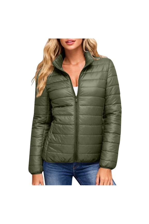 Womens Packable Down Jacket Lightweight Puffer Zipper Winter Coat Slim Fit Stand Collar Quilted Fleece