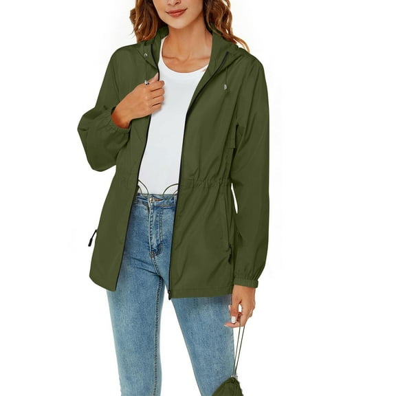 Womens Packable Lightweight Jackets Outdoor Hiking Zipper Waterproof Jackets Hooded Tunic Fall Outwear Raincoat Army Green, 2XL