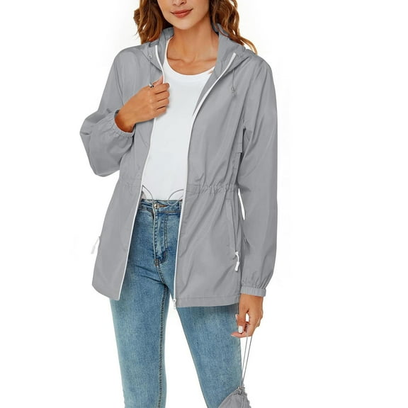 Womens Packable Lightweight Jackets Outdoor Hiking Zipper Waterproof Jackets Hooded Tunic Fall Outwear Raincoat Gray, L