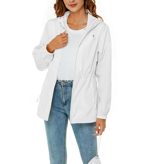 Womens Packable Lightweight Jackets Outdoor Hiking Zipper Waterproof Jackets Hooded Tunic Fall Outwear Raincoat White, L