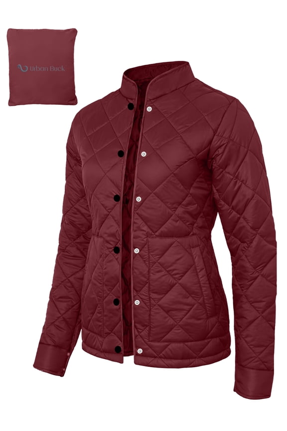 Womens Packable Puffer Jacket Casual Button Closure Winter Outerwear Coral Maroon Coats-XL
