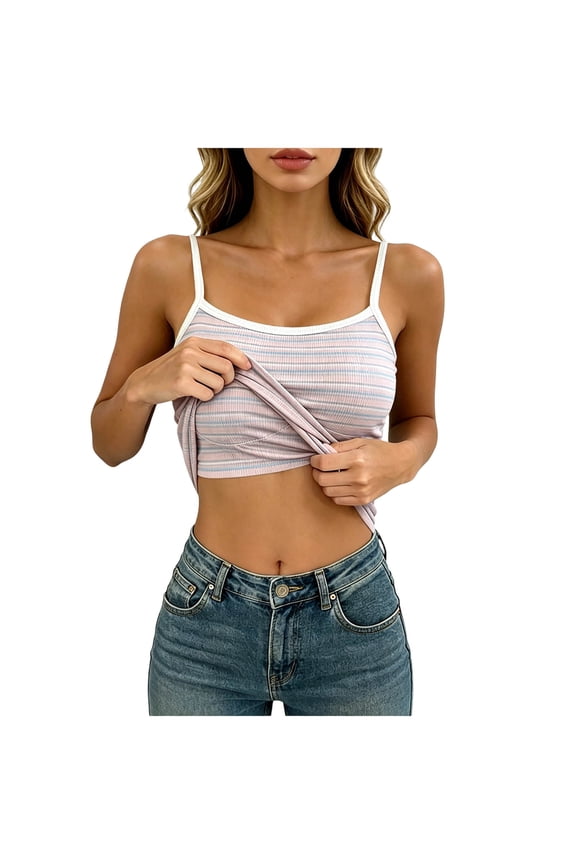 Womens Padded Cami Tank Tops, Striped Spaghetti Strap Built in Bra Shirts Slim Fit Basic Summer Outdoor Wear