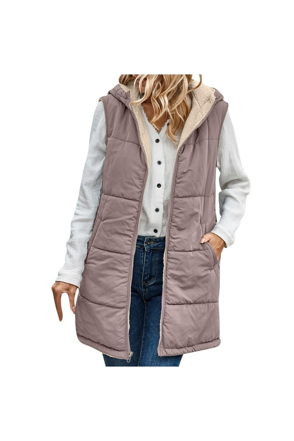 Womens Padded Gilet Jacket Reversible Vest ed Longline Quilted Sleeveless Zip Up Long Coat Warmer Teddy Fleece Outwear with Pockets Size S M L XL
