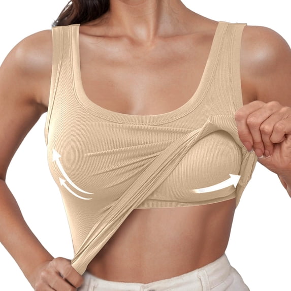 Womens Padded Tank Top Cotton Ribbed Built in Bra Scoop Neck Camisole Top Fitted Sleeveless Basic T Shirts 2026 Casual Basic Cami Tanks(Beige,L)