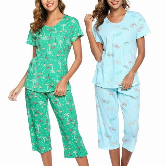 Womens Pajama Cotton Pajama Sets Soft Capri Sleepwear Sets