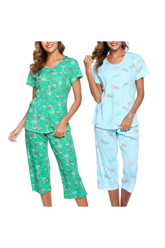Womens Pajama Cotton Pajama Sets Soft Capri Sleepwear Sets