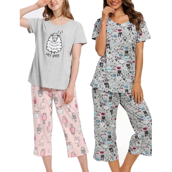 Womens Pajama Cotton Pajama Sets Soft Capri Sleepwear Sets