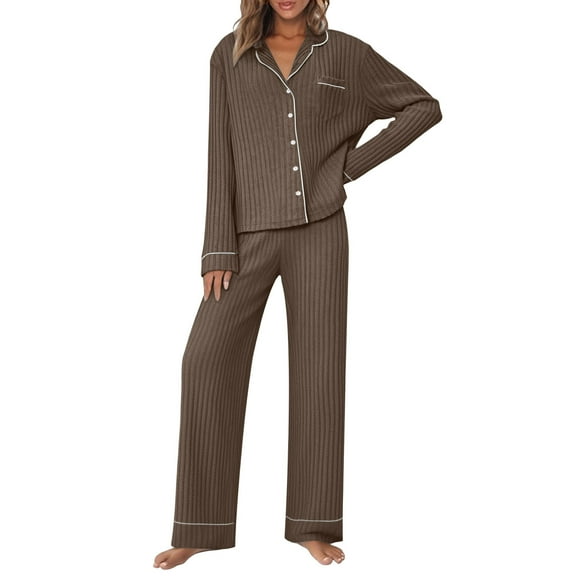 Womens Pajama Lounge Sets Fall 2 Piece Outfits Ribbed Button Up Tops Long Pants Matching Loungewear Pjs, M
