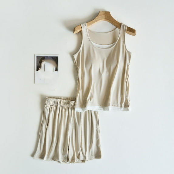 Womens Pajama Oversized Solid Color Comfortable Pajamas Set Summer Crew Neck Sleeveless Sleepwear with Shorts Summer Pjs for Women