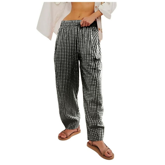 Womens Pajama Pants Casual Plaid Wide Leg Lounge Pants For Women Comfy Thin Summer Pants Black M