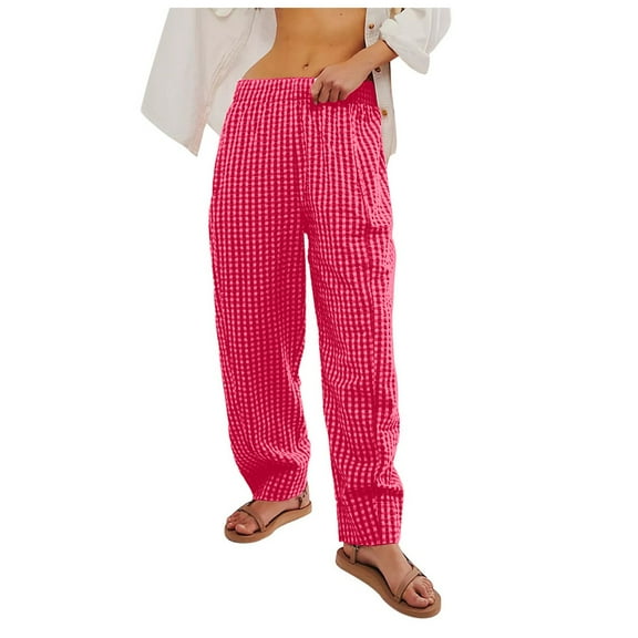 Womens Pajama Pants Casual Plaid Wide Leg Lounge Pants For Women Comfy Thin Summer Pants Hot Pink L