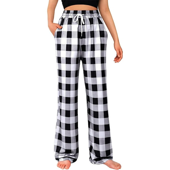 Womens Pajama Pants Christmas Plaid Summer Casual Loose Drawstring Elastic High Waist Comfy Trousers Straight Leg Long Pajama Pants for Women