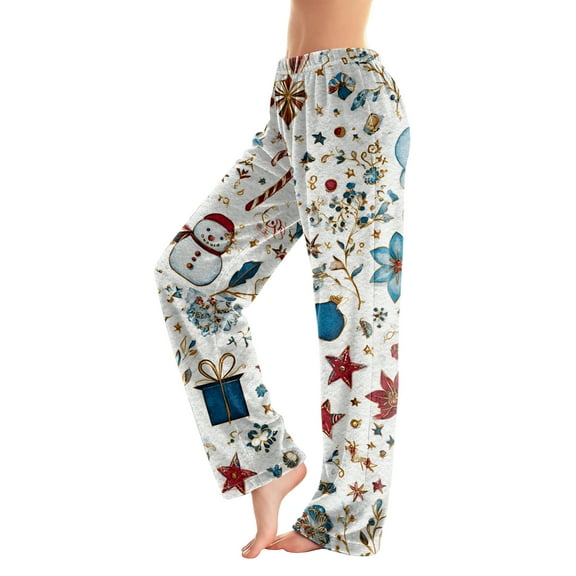 MLQIDK Womens Pajama Pants Comfy Lounge Pants Christmas Pajama Pants Christmas Santa Xmas Tree Snowflake Bottoms Wide Leg Sleep Drawstring Sleepwear