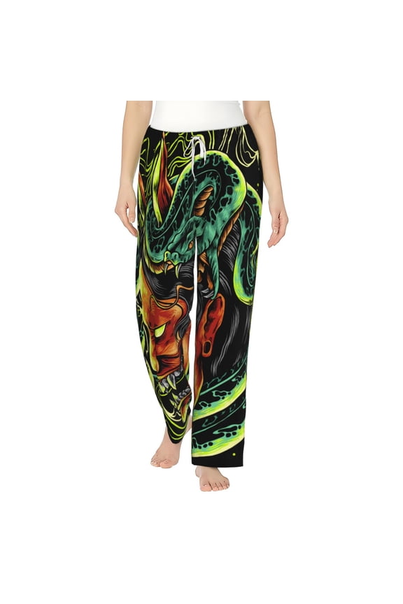 Womens Pajama Pants Flannel PJ Lounge Bottoms Sleepwear, Devil Snake Demon Japanese