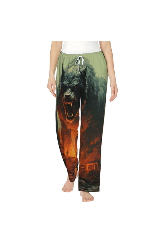 Womens Pajama Pants Flannel PJ Lounge Bottoms Sleepwear, Werewolf Night Cool Art