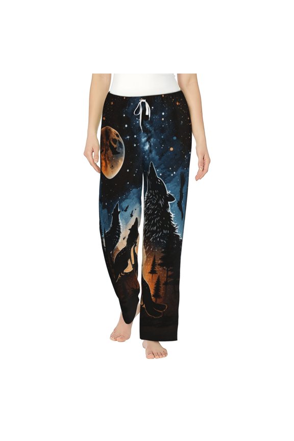 Womens Pajama Pants Flannel PJ Lounge Bottoms Sleepwear, Wolf Howling Wolves Moon Night Stars