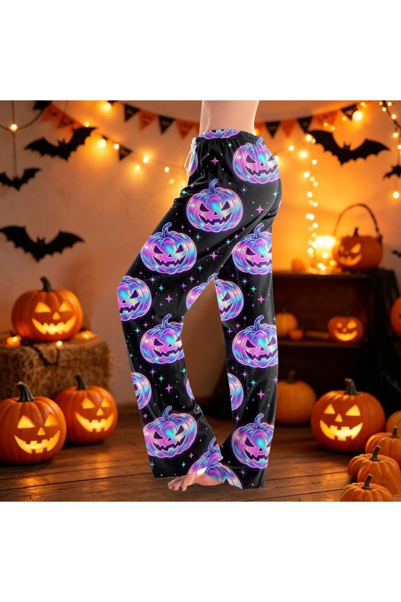 Womens Pajama Pants Halloween Cute Ghost Print Drawstring Stretch Elastic Waist Pjs Sleep Bottoms