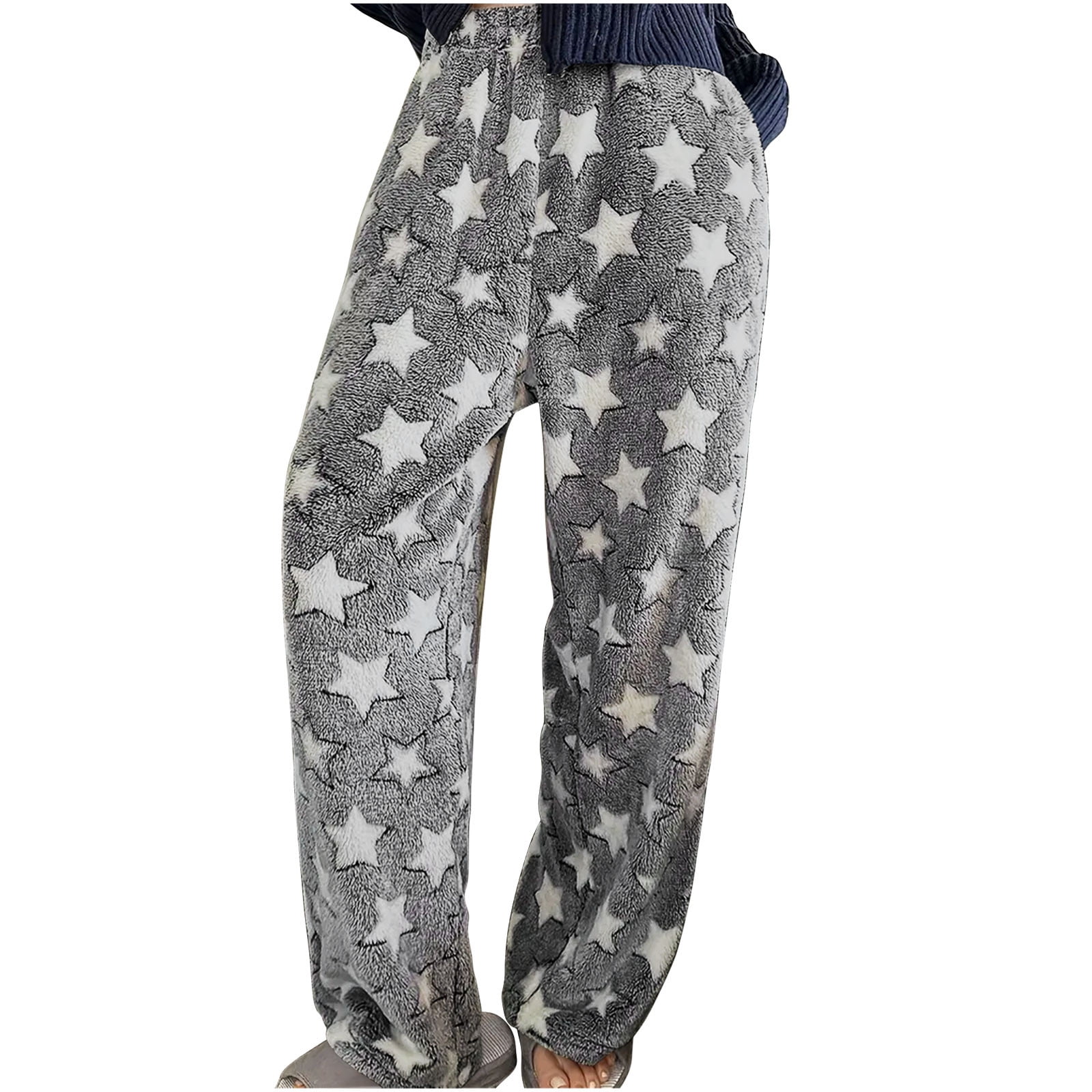 Womens Pajama Pants Star Pattern Plush Warm High Waistband Elastic