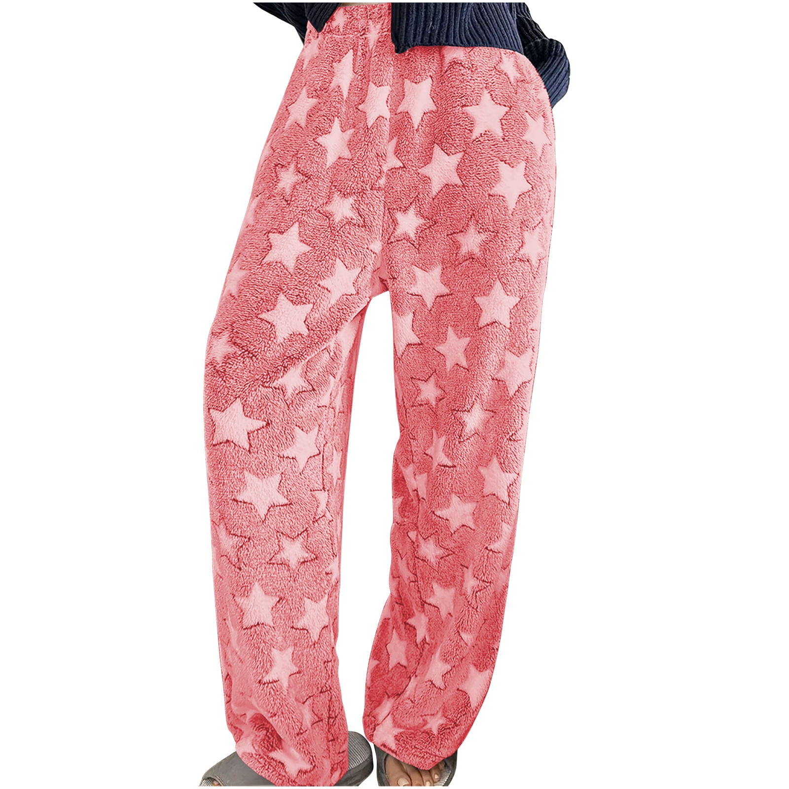 Womens Pajama Pants Star Pattern Plush Warm High Waistband Elastic