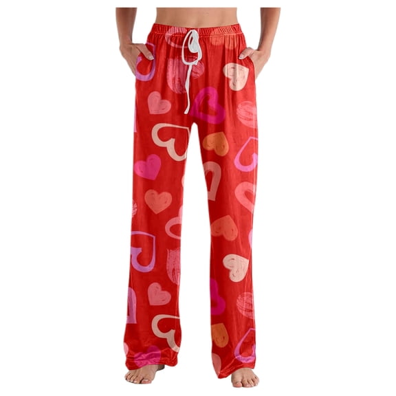 Womens Pajama Pants Valentines Heart Print Casual Loose Pjs Bottoms With Drawstring Soft Comfy Sleep Pants Lounge With Pockets Red XL