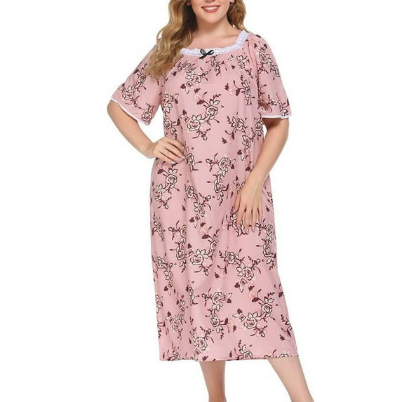 Womens Pajama Plus Size Sleepwear, Short Sleeve Comfy Nightshirt Print Floral Lace Collar Nightdress,Vintage Loungewear Pj Sleepshirt Pajama Dress for Women,Pink XL-4XL
