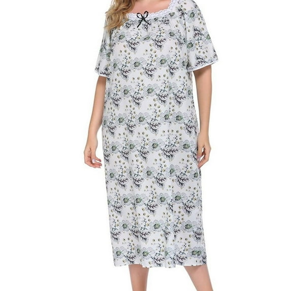 Womens Pajama Plus Size Sleepwear, Short Sleeve Comfy Nightshirt Print Floral Lace Collar Nightdress,Vintage Loungewear Pj Sleepshirt Pajama Dress for Women,Gray XL-4XL