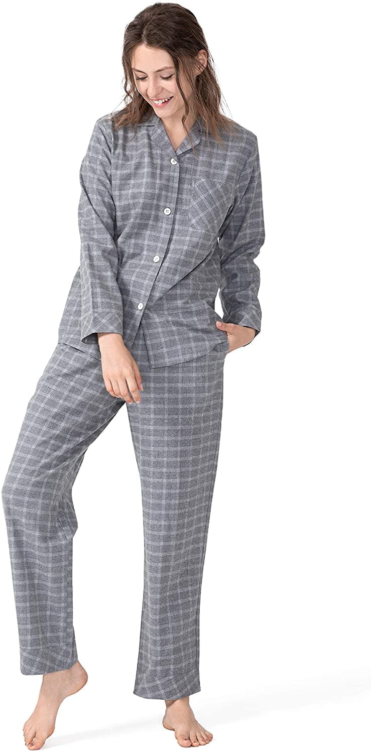 Womens Pajama Set 100% Cotton Flannel Woven Plaid Pajamas Long Sleeve  Sleepwear Loungewear S~XL
