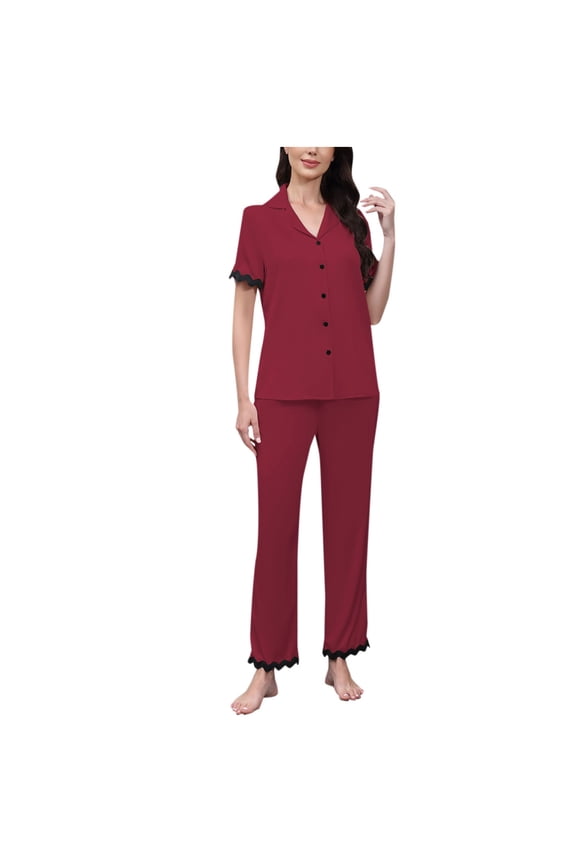Womens Pajama Set, 2 Piece Lace Trim Short Sleeve Button Up Shirts and Pants Pjs for Bridal Party