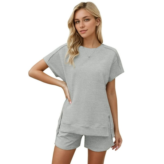 Womens Pajama Set 2 Piece Lounge Outfits Summer Sleepwear V Neck Short Sleeve Capri Pant With Pockets Ladies Pjs