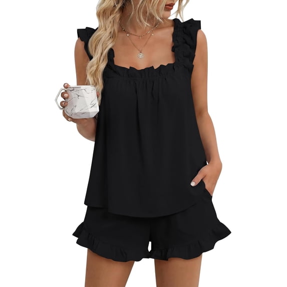 Womens Pajama Set 2 Piece Summer Sleepwear Ruffle Tank Top and Shorts Cute Bridal Lounge Outfit